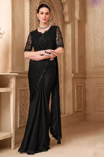 Black satin georgette embroidered saree with unstitched blouse piece