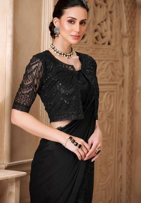 Black satin georgette embroidered saree with unstitched blouse piece 3