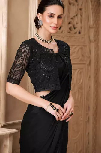 Black satin georgette embroidered saree with unstitched blouse piece