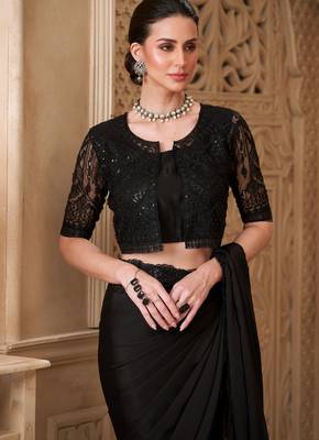 Black satin georgette embroidered saree with unstitched blouse piece 4