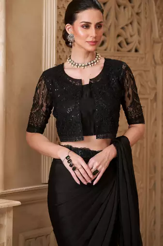 Black satin georgette embroidered saree with unstitched blouse piece
