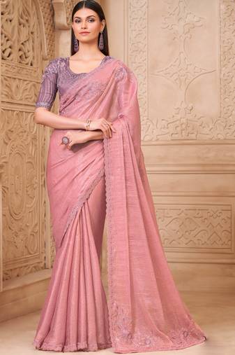 Pink satin georgette embroidered saree with unstitched blouse piece