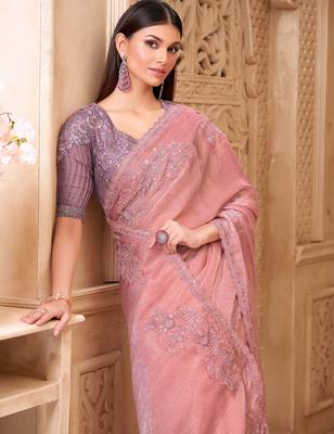 Pink satin georgette embroidered saree with unstitched blouse piece 2