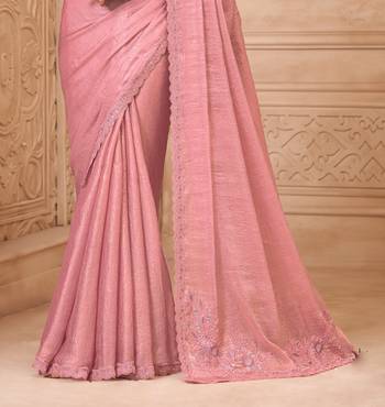 Pink satin georgette embroidered saree with unstitched blouse piece 3