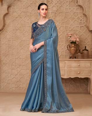 Blue satin embroidered saree with unstitched blouse piece 1