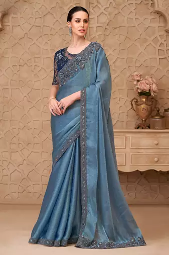 Blue satin embroidered saree with unstitched blouse piece