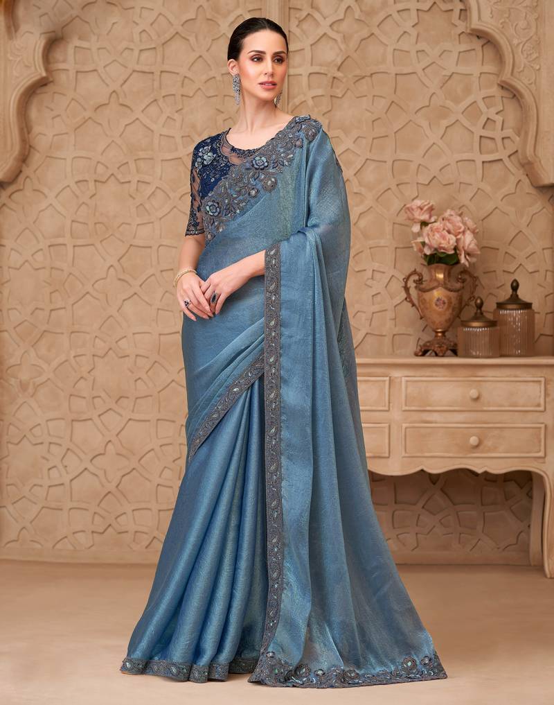 Blue satin embroidered saree with unstitched blouse piece
