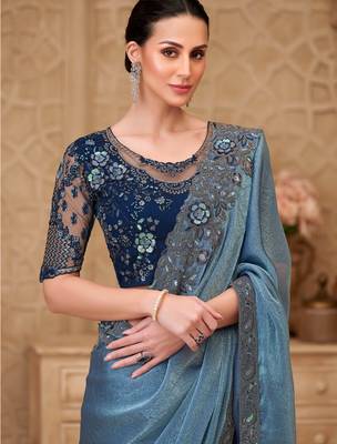 Blue satin embroidered saree with unstitched blouse piece 2