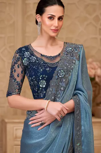 Blue satin embroidered saree with unstitched blouse piece