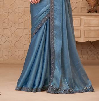 Blue satin embroidered saree with unstitched blouse piece 3