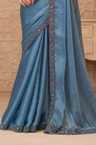 Blue satin embroidered saree with unstitched blouse piece