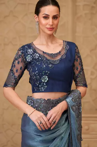 Blue satin embroidered saree with unstitched blouse piece