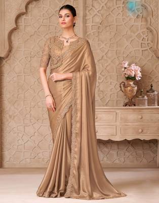 Beige satin georgette embroidered saree with unstitched blouse piece 1