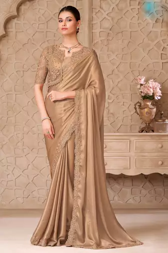 Beige satin georgette embroidered saree with unstitched blouse piece