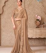 Beige satin georgette embroidered saree with unstitched blouse piece