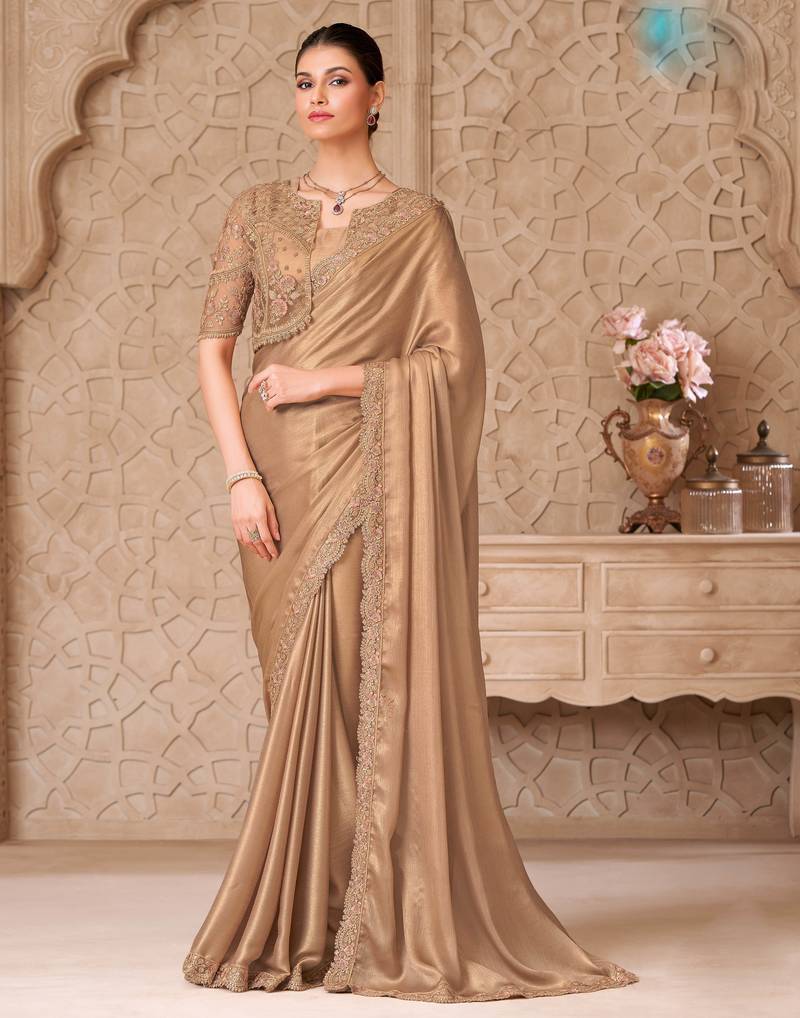 Beige satin georgette embroidered saree with unstitched blouse piece