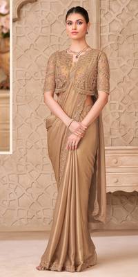 Beige satin georgette embroidered saree with unstitched blouse piece 2