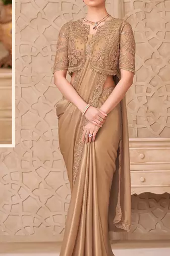 Beige satin georgette embroidered saree with unstitched blouse piece