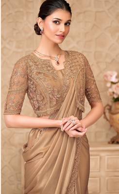 Beige satin georgette embroidered saree with unstitched blouse piece 3