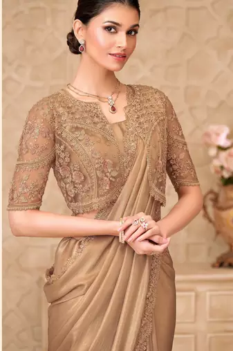 Beige satin georgette embroidered saree with unstitched blouse piece