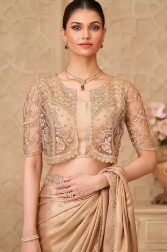 Beige satin georgette embroidered saree with unstitched blouse piece