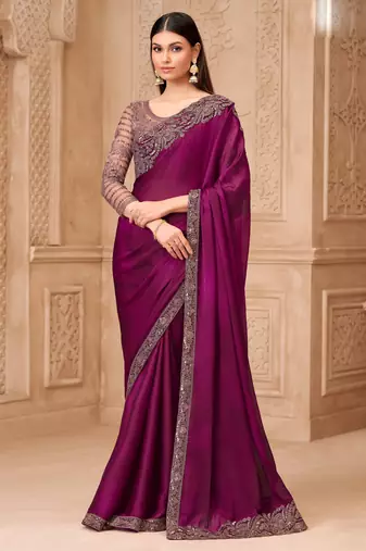 Wine satin georgette embroidered saree with unstitched blouse piece
