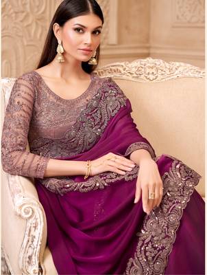 Wine satin georgette embroidered saree with unstitched blouse piece 2