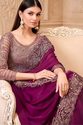 Wine satin georgette embroidered saree with unstitched blouse piece