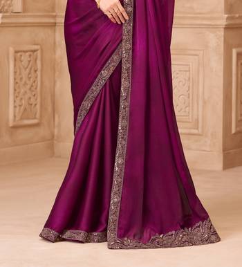 Wine satin georgette embroidered saree with unstitched blouse piece 3