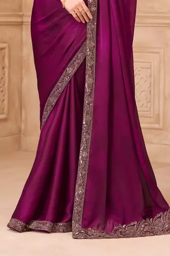 Wine satin georgette embroidered saree with unstitched blouse piece