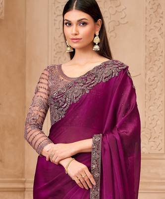 Wine satin georgette embroidered saree with unstitched blouse piece 4