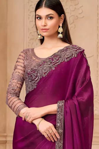 Wine satin georgette embroidered saree with unstitched blouse piece