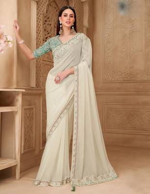 Cream georgette silk blend embroidered saree with unstitched blouse piece 1