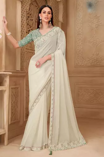 Cream georgette silk blend embroidered saree with unstitched blouse piece