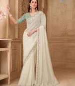 Cream georgette silk blend embroidered saree with unstitched blouse piece