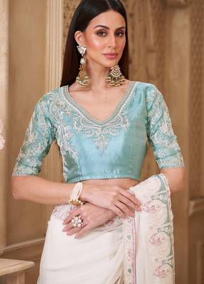Cream georgette silk blend embroidered saree with unstitched blouse piece 4