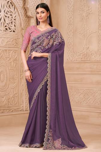 Lavender georgette embroidered saree with unstitched blouse piece