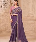 Lavender georgette embroidered saree with unstitched blouse piece