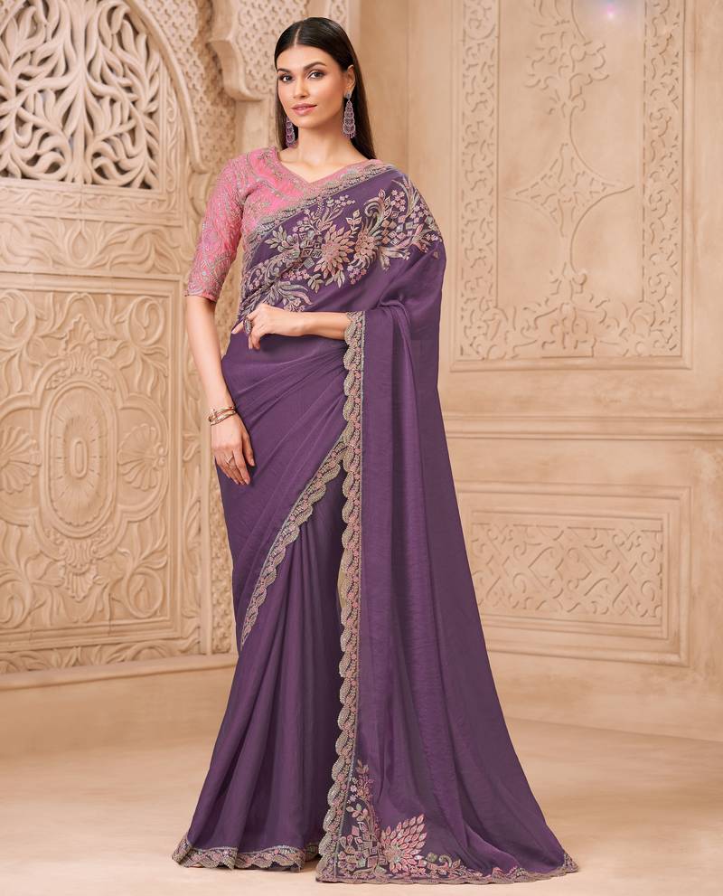 Lavender georgette embroidered saree with unstitched blouse piece