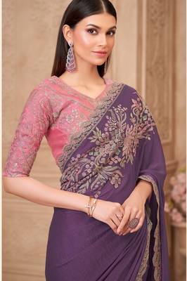 Lavender georgette embroidered saree with unstitched blouse piece 2