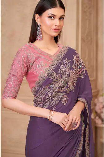 Lavender georgette embroidered saree with unstitched blouse piece