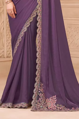 Lavender georgette embroidered saree with unstitched blouse piece