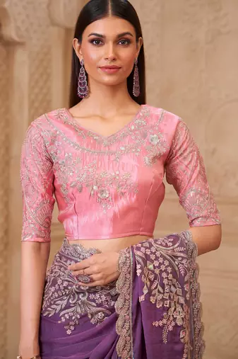 Lavender georgette embroidered saree with unstitched blouse piece