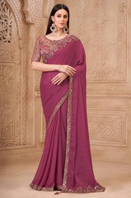 Onion pink georgette embroidered saree with unstitched blouse piece 1