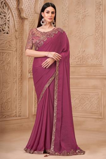 Onion pink georgette embroidered saree with unstitched blouse piece