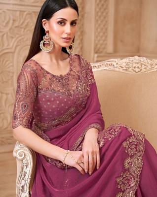 Onion pink georgette embroidered saree with unstitched blouse piece 2