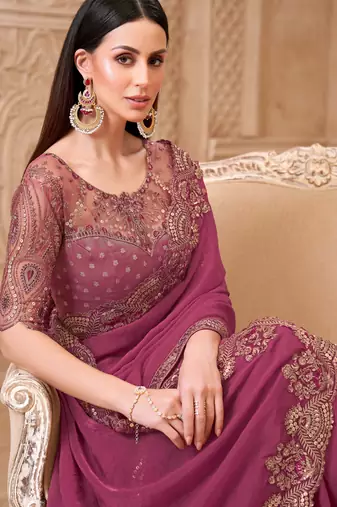 Onion pink georgette embroidered saree with unstitched blouse piece