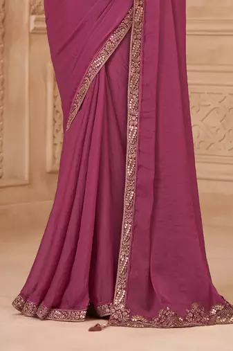 Onion pink georgette embroidered saree with unstitched blouse piece
