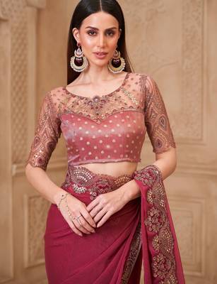 Onion pink georgette embroidered saree with unstitched blouse piece 4