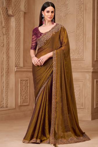 Mehendi satin georgette embroidered saree with unstitched blouse piece